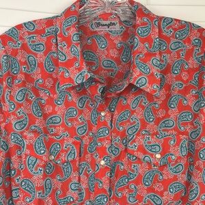 Vintage Y2K Wrangler Ranch wear Red Blue Paisley Western Shirt Pearl Snap Sz L